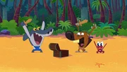(V.l.) Sharko, Zig und Bernie verwandeln sich wieder in Kinder, als sie einen Piratenschatz am Strand finden. Zusammen fangen sie an zu spielen.  +++