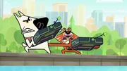 Mr. Cat und Fizz steuern die Boote, auf denen sich Mr. Magoo und Weazel eine Verfolgungsjagd liefern.