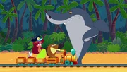 Sharko (r.) h&auml;lt den Zug mit Marina und Zig auf. So schnell l&auml;sst er die Meerjungfrau nicht aus den Augen!