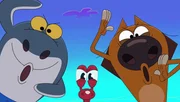 (V.l.) Sharko, Bernie und Zig verbringen gemeinsam einen Tag am Strand und spielen dabei viele Spiele.  +++