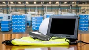 Smart factory - Rugged computers tablet and Bluetooth barcode scanner in front of modern warehouse in factory use for logistics. Smart factory - Rugged computers tablet and Bluetooth barcode scanner in front of modern warehouse in factory use for logistics.