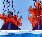 Die Segel der Drachenschiffe, durchbohrt von brennenden Pfeilen, gehen in Flammen auf. Die Segel der Drachenschiffe, durchbohrt von brennenden Pfeilen, gehen in Flammen auf.