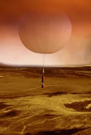 Künstlerische Darstellung einer Roboter-Ballonsonde, die in der dichten Atmosphäre der Venus schwebt, während unter ihr die glühend heiße, vulkanische Oberfläche der Venus zu sehen ist. Künstlerische Darstellung einer Roboter-Ballonsonde, die in der dichten Atmosphäre der Venus schwebt, während unter ihr die glühend heiße, vulkanische Oberfläche der Venus zu sehen ist.