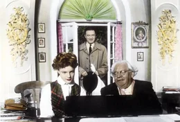 (v.li.): Romy Schneider (Evchen Forster), Willy Fritsch (Willy Forster), Albert Florath (Professor Mutzbauer).