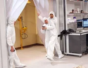 Müssen sich in einem sterilem Labor mit einem Vogel auseinandersetzen: Raj (Kunal Nayyar, r.), Howard (Simon Helberg, M.) und Leonard (Johnny Galecki, l.) ... Müssen sich in einem sterilem Labor mit einem Vogel auseinandersetzen: Raj (Kunal Nayyar, r.), Howard (Simon Helberg, M.) und Leonard (Johnny Galecki, l.) ...
