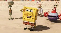 Beeindruckt von der Welt jenseits des Ozeans: (v.l.n.r.) Thadd&auml;us, Spongebob, Sandy Cheeks und Mr. Krabs ...