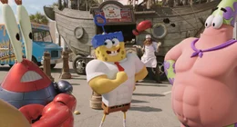 Mr. Krabs (l.), Spongebob (M.) und Patrick (r.) m&uuml;ssen es jenseits des Ozeans mit dem fiesen Piraten Burger-Bart aufnehmen. K&ouml;nnen sie mit Hilfe von einigen Superkr&auml;ften Bikini Bottom retten?