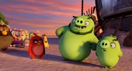 Red (Jason Sudeikis) speaks with Leonard (Bill Hader), the spokesman for the pigs, and his top aide, Ross (Tony Hale) in Columbia Pictures and Rovio Animation's ANGRY BIRDS.