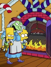 Bart (l.) und Lisa (r.) wurden von ihren Eltern ausgesetzt und sind bei der b&ouml;sen Hexe (M.) im Lebkuchenhaus gelandet.