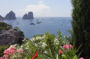 Capri mit den Faraglioni: Die Kalksteinfelsen sind neben der Blauen Grotte die Wahrzeichen der Insel im Golf von Neapel. Capri mit den Faraglioni: Die Kalksteinfelsen sind neben der Blauen Grotte die Wahrzeichen der Insel im Golf von Neapel.