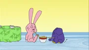 Hase und Elefant lassen sich die Spaghetti richtig gut schmecken.