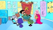 L-R: Cyborg, Raven, Robin, Beast Boy, Starfire