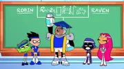 v.li.: Beast Boy, Robin, Cyborg, Raven, Starfire
