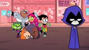 v.li.: Beast Boy, Cyborg, Control Freak, Starfire, Robin, Raven
