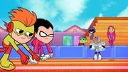 v.li.: Kid Flash, Robin, Beast Boy, Raven, Cyborg, Starfire