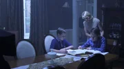 Recre- Neil and Stewart at table doing homework as mom consoles them. Recre- Neil and Stewart at table doing homework as mom consoles them.