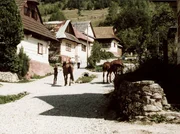 Ein intaktes Ensemble der Holzarchitektur in der Slowakei. Die einzige Straße von Vlkolinec mit den farbig angelegten Holzhäusern. Ein intaktes Ensemble der Holzarchitektur in der Slowakei. Die einzige Straße von Vlkolinec mit den farbig angelegten Holzhäusern.