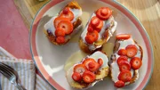 Beauty shot of Molly Yeh's Strawberries & Cream Stuffed French Toast, as seen on Girl Meets Farm, Season 7. Beauty shot of Molly Yeh's Strawberries & Cream Stuffed French Toast, as seen on Girl Meets Farm, Season 7.