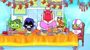 v.li.: Beast Boy, Raven, Trigon, Cyborg, Starfire