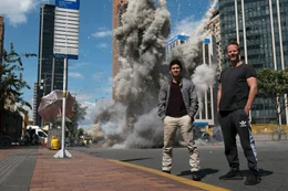 Iko Uwais and Director Peter Berg behind the scenes on the set of MILE 22.