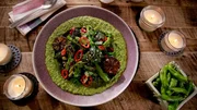 Beauty shot of Molly Yeh's Charred Broccolini with Shisito Pepper Romesco