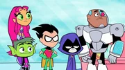 v.li.: Starfire, Beast Boy, Robin, Raven, Cyborg
