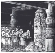 Eine Illustration zeigt die Verehrung des Gottes Svetovid.