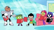 v.li.: Cyborg, Beast Boy, Robin, Starfire, Raven