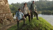 Host Josh Gates, Peter Tattersfield, and Miguel Fernandez at a fortress in El Castillo, Nicaragua
