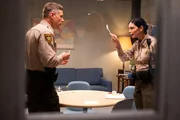 “Pilot” – Mickey Fox, a straight-shooting sheriff in the small rural town of Edgewater, Calif., and stepsister of Cal Fire’s division chief Sharon Leone. Pictured: Matt Lauria as Nathan Boone and Morena Baccarin as Sheriff Mickey Fox. “Pilot” – Mickey Fox, a straight-shooting sheriff in the small rural town of Edgewater, Calif., and stepsister of Cal Fire’s division chief Sharon Leone. Pictured: Matt Lauria as Nathan Boone and Morena Baccarin as Sheriff Mickey Fox.