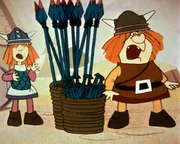Snorre berichtet Wickie, dass die Wickinger zu England in Gefangenschaft geraten sind. Daraufhin läßt Wickie die Dorfbewohner hölzerne Waffen herstellen und fährt zusammen mit Snorre nach England, um der bedrängten Mannschaft zur Hilfe zu eilen. Snorre berichtet Wickie, dass die Wickinger zu England in Gefangenschaft geraten sind. Daraufhin läßt Wickie die Dorfbewohner hölzerne Waffen herstellen und fährt zusammen mit Snorre nach England, um der bedrängten Mannschaft zur Hilfe zu eilen.