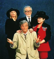 v.l.h.: Liz Houston (Sally Kellerman), Eric Prince (Patrick McGoohan), Verity Chandler (Rue McClanahan); M.v.: Lieutenant Columbo (Peter Falk).
