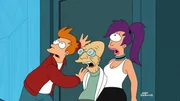 v.li.: Fry, Professor Farnsworth, Leela v.li.: Fry, Professor Farnsworth, Leela