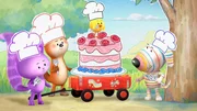 Daisy (l.), Ozzy (2.v.l.), Bitsy (2.v.r.) und Dylan (r.) genießen zum Abschluss des Spiels ihren selbst kreierten, köstlichen Eiscremekuchen. Daisy (l.), Ozzy (2.v.l.), Bitsy (2.v.r.) und Dylan (r.) genießen zum Abschluss des Spiels ihren selbst kreierten, köstlichen Eiscremekuchen.