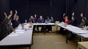 Am Ende einer anstrengenden Pr&uuml;fungszeit stimmt die Kommission ab: Jan Konieczny, Stefan Wiefel, Stephan Hintze, Onno Grohmann, Helga Melzer, Nora Somaini, Titus Georgi und Christian Ebert.