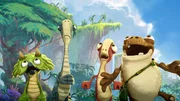 "Gigantosaurus", "Mazus Mutprobe." Ankylosaurus Mazu und ihre Dino-Freunde Tiny, Bill und Rocky sind auf dem Weg zu einer Grotte. Dort soll eine seltene Libellenart leben. Dummerweise schnappen sich die Raptoren Cror und Totor das Insekt.