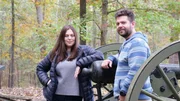 Jack Osbourne and Katrina Weidman pose next to a battlefield cannon at the Pamplin Historical Park in Petersburg, VA