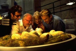 L-R: Jeff Goldblum (Malcolm), Richard Attenborough (John Hammond), Laura Dern (Dr. Ellie Sattler), Sam Neill (Dr. Alan Grant).