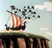 Von vielen Drachen getragen, schwebt das Schiff über das Land. Von vielen Drachen getragen, schwebt das Schiff über das Land.