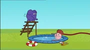 Hase und Elefant wagen einen Sprung ins Wasser.