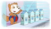 Im Supermarkt holt Bobo Milch aus dem K&uuml;hlregal.