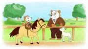 Sein Opa sieht Bobo beim Reiten auf einem Pony zu.