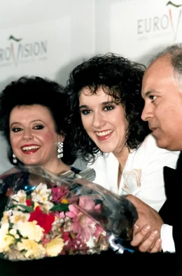 Die Kanadierin C&eacute;line Dion (Mi.) tritt beim Eurovision Song Contest 1988 f&uuml;r die Schweiz an.