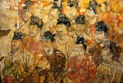 An chinese historic fresco in a tomb of Tang dynasty in Xian, Shanxi province in China. The picture was drawed on the wall of the tomb over 1000 years ago by an unkown chinese artist.The tomb is royal tomb of Tang dynasty which is the most prosperous time in chinese history.