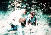 John-Boy Walton (Richard Thomas, l.) k&auml;mpft mit einem fremden Jungen (Michael Rupert, r.), der aus einem Lager ausgerissen ist, um einen Waschb&auml;ren ...