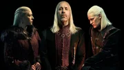 L-R: Paddy Considine as King Viserys I Targaryen, Emma D'Arcy as Princess Rhaenyra Targaryen, and Matt Smith as Prince Daemon Targaryen.