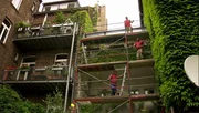 Drei M&auml;nner auf einem Ger&uuml;st vor einem Haus.