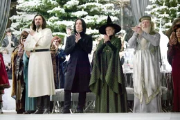 L-R: Igor Karkaroff (Pedja Bjelac), Professor Severus Snape (Alan Rickman), Professor Minerva McGonagall (Maggie Smith), Albus Dumbledore (Michael Gambon)