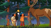 (v.l.) Lindenbaum, Regenbogen, Kleiner Donner, Yakari, Schwarze Maske und ein Wapiti (v.l.) Lindenbaum, Regenbogen, Kleiner Donner, Yakari, Schwarze Maske und ein Wapiti