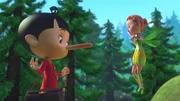 Pinocchio (li.) ist in den heiligen Wald eingedrungen und hat dort einen Ast abgebrochen. Das will er aber Selva, der H&uuml;terin des Waldes (re.), nicht gestehen.